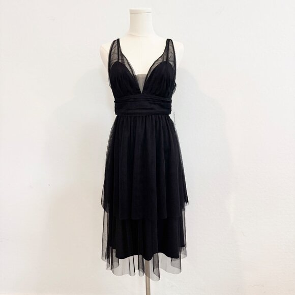 NWT Modcloth V-Neck Tiered Tulle Knee Length Chiffon Dress Pinup LBD New Black 2 - Picture 1 of 8